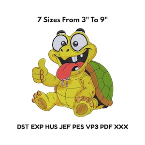 Peut inclure: Une tortue de dessin animé avec un corps jaune, une carapace verte et une langue rouge qui sort. La tortue fait un geste de pouce levé. Le texte en haut indique "7 Tailles De 7.6 cm À 22.9 cm", et le texte en bas liste les formats de fichiers.