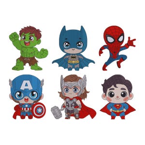 May include: Six embroidered patches featuring chibi-style superhero characters: a green Hulk, a blue Batman, a red and blue Spider-Man, a Captain America with a shield, a Thor with a hammer and cape, and a Superman with a red cape and emblem.