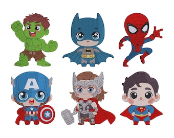 Chibi Superhero Machine Embroidery Design Bundle, Six Comic-Style Hero Characters