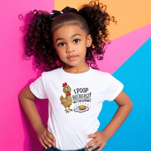 Funny chicken embroidery design on kids t shirt mockup I poop breakfast farm animal machine embroidery pattern for children