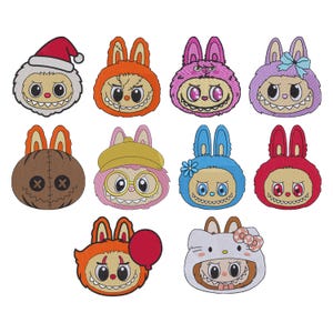Set of 10 kawaii monster bunny embroidery designs in colorful costumes – digital machine embroidery file bundle