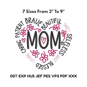 Peut inclure: Un motif en forme de cœur avec le mot "MOM" en noir, entouré de mots comme "Brave" et "Beautiful". Des fleurs et des cœurs roses ornent le design. Le texte en haut indique "7 Tailles De 7.6 cm À 22.9 cm".