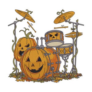 Pumpkin Drum Set Machine Embroidery Design, Halloween Jack-o-Lanterns with Cymbals, 6 Sizes
