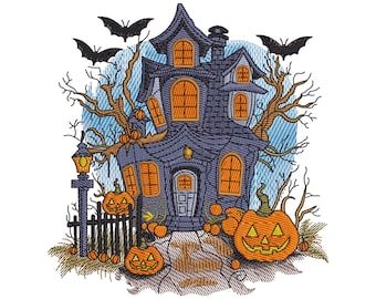 Borduurpatroon voor een spookhuis met Halloween-thema | Griezelige vleermuizen en pompoenen (digitale download)