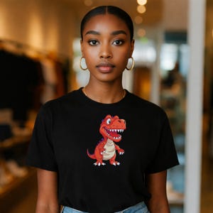 Woman wearing black t shirt with T rex dinosaur embroidery design cartoon machine embroidery file for kids clothing