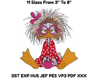 Grumpy Duck Embroidery Design – Pajama Coffee Duck File – 11 Sizes – PES DST VP3