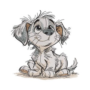 Puede incluir: Un diseño bordado de un cachorro pequeño y peludo sentado mirando hacia arriba. El cachorro presenta pelaje gris claro con sombreado gris oscuro, una nariz oscura y acentos de color canela en las orejas y patas, con puntadas detalladas.