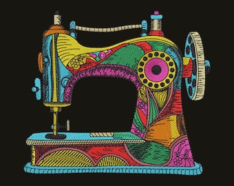 Kleurrijk vintage naaimachine borduurontwerp, 7 maten digitaal borduurbestand