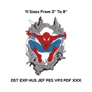May include: Embroidered design featuring Spider-Man in a dynamic pose, with red, blue, and white colors. The design is surrounded by a gray, textured border. Text at the top reads "11 Sizes From 3" To 8"", and at the bottom, "DST EXP HUS JEF PES VP3 PDF XXX".