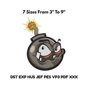 Angry Bomb Embroidery Design File, Funny Cartoon Patch, 3–9 Inch Machine Embroidery