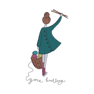May include: An embroidered illustration of a person with a brown bun hairstyle wearing a teal coat with buttons, holding knitting needles overhead. A brown basket contains colourful yarn balls. The text reads gone knitting.