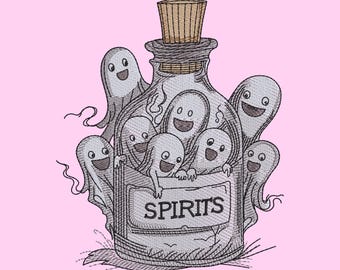 Ghost Spirits Embroidery Design, Halloween Bottle Machine Embroidery File, 7 Sizes