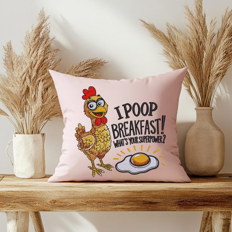 Funny chicken embroidery design on pink farmhouse pillow mockup I poop breakfast rustic farm machine embroidery pattern