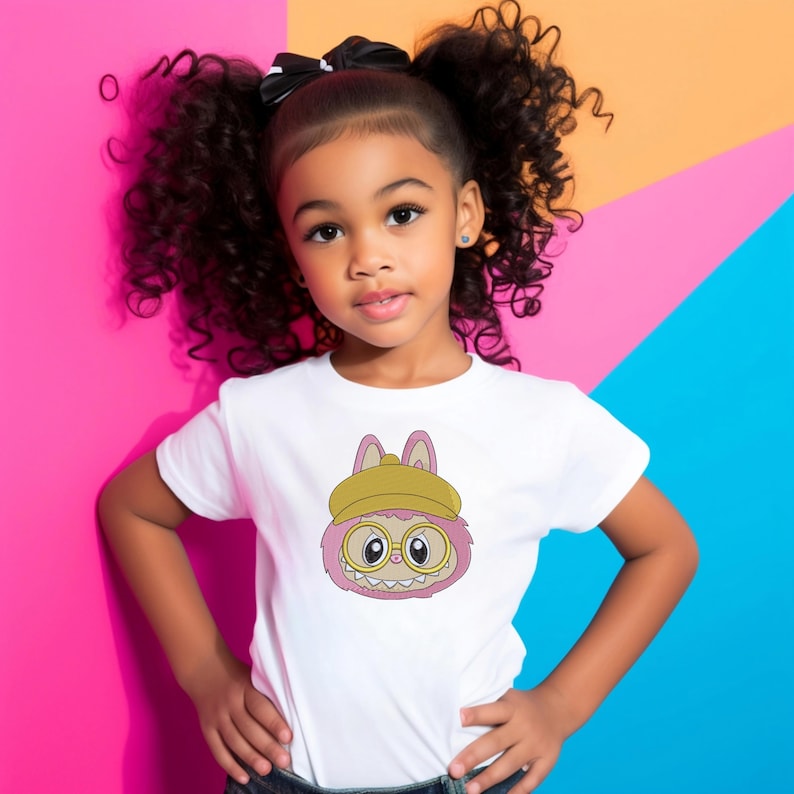 Little girl in white t-shirt featuring pink kawaii monster bunny embroidery with yellow hat – cute kids digital embroidery mockup
