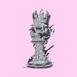May include: An embroidered design featuring a cracked skull wearing a crown, shaped like a chess king piece. The artwork uses black thread to outline the fractured details of the skull and the base, set against a solid light pink background.