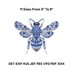 Puede incluir: Diseño de abeja bordada en azul y blanco detallado. La abeja tiene intrincados patrones de alas y detalles del cuerpo. El texto dice "11 tamaños de 7.6cm a 20.3cm". Ideal para proyectos de bordado.