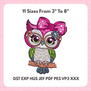 Pink Bow Owl Embroidery Design – Cute Machine Embroidery File in 11 Sizes (3" to 8") – DST PES JEF VP3 XXX Formats