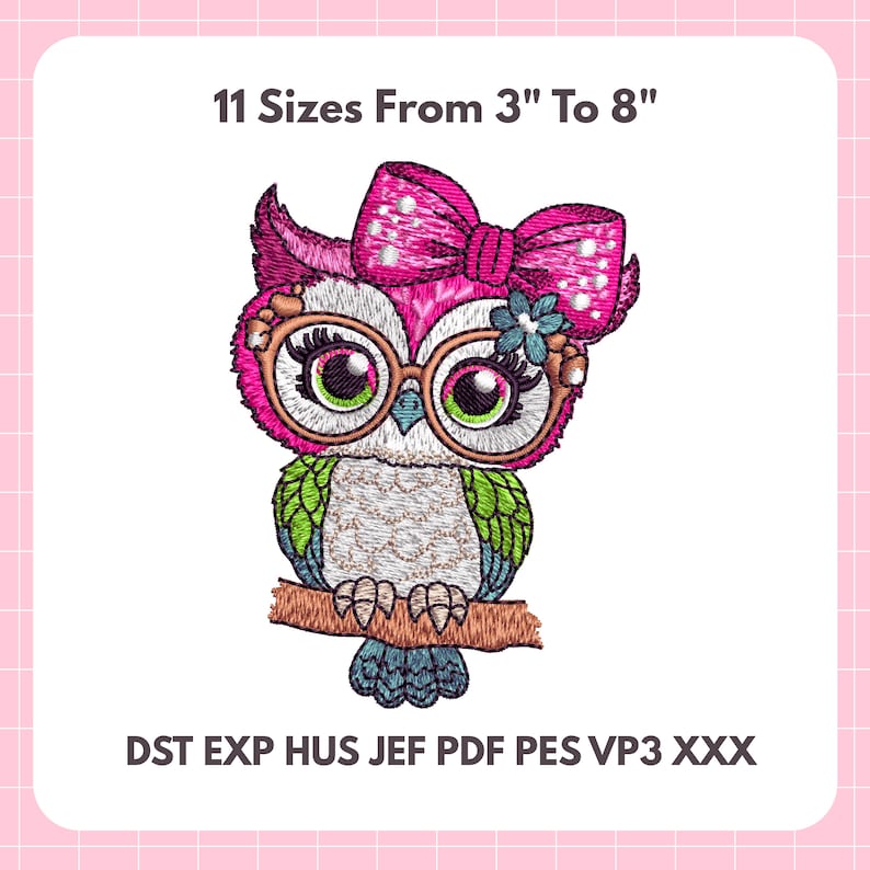Pink Bow Owl Embroidery Design – Cute Machine Embroidery File in 11 Sizes (3" to 8") – DST PES JEF VP3 XXX Formats