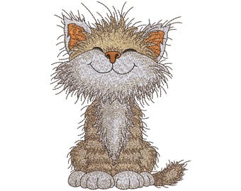 Fluffy Tabby Cat Embroidery Design, Shaggy Long-Haired Kitten File, 7 Sizes