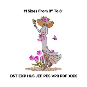 以下が含まれることがあります： つばの広い帽子とロングドレスを着た女性が、花と蝶を持っている刺繍デザイン。デザインにはピンクのチューリップと蝶が含まれています。テキストには「11サイズ、7.6cmから20.3cm」とファイルタイプが表示されています。