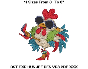 Funky Chicken Embroidery Design, Rooster with Heels Digital File - 11 Sizes