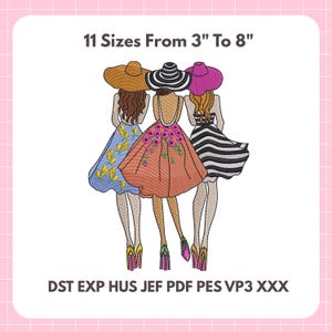 以下が含まれることがあります： ドレスと帽子を身に着けた女性3人の刺繍デザイン。上部には「11 サイズ 3"～8"」の文字。ドレスは様々な色と柄。刺繍プロジェクトに最適です。サイズは7.6cmから20.3cmです。
