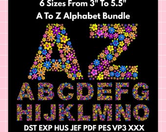Floral Alphabet Embroidery Font Bundle | A-Z Digital Machine Embroidery Letters, 6 Sizes