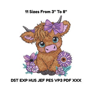 May include: An embroidered design of a Highland cow with a purple bow, flowers, and large eyes. The text reads "11 Sizes From 3" To 8"" and "DST EXP HUS JEF PES VP3 PDF XXX". The design is on a white background.