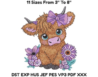 Borduurontwerp Highland Cow – meisjeskalf met strik en bloemen, 11 maten