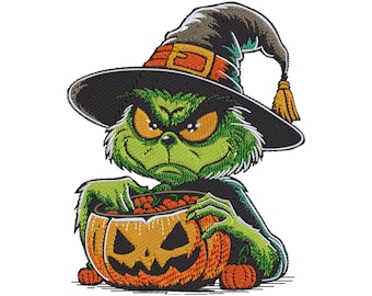 Groen Halloween-borduurontwerp met heksenhoed en pompoenemmer