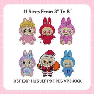 Kawaii monster embroidery design bundle featuring 6 cute characters in Halloween and Christmas costumes, available in 11 sizes from 3 to 8 inches, includes multiple file formats like DST, PES, JEF, and more