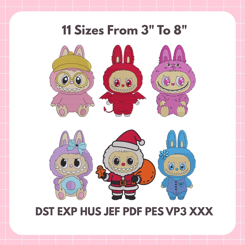 Kawaii monster embroidery design bundle featuring 6 cute characters in Halloween and Christmas costumes, available in 11 sizes from 3 to 8 inches, includes multiple file formats like DST, PES, JEF, and more