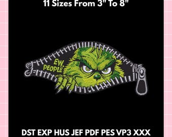 Grumpy Green Zipper Embroidery Design – Ew People – 3" to 8" Sizes – Digital File