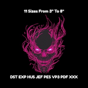 May include: A pink embroidered skull design with flames, set against a black background. The text "11 Sizes From 3" To 8"" is above the skull. Below the skull are the file formats: DST EXP HUS JEF PES VP3 PDF XXX.