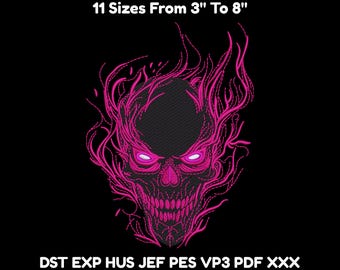 Neon Pink Flaming Skull Embroidery Design – 11 Sizes – Instant Digital File