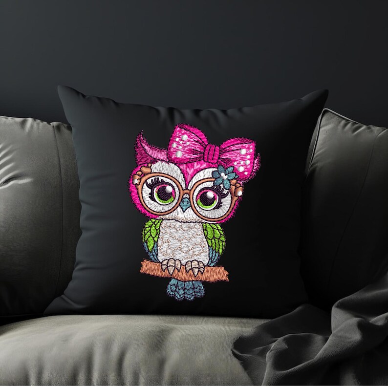 Black pillow with Pink Bow Owl Embroidery Design – Digital Machine Embroidery File for Home Decor Projects Hoop 3 to 8 Inches