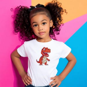 Child wearing white t shirt with cartoon T rex dinosaur embroidery design colorful background kids embroidery pattern