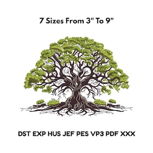 May include: An embroidered tree design with a detailed trunk, branches, and green foliage. The image includes the text "7 Sizes From 3" To 9"" and file type abbreviations. The design is suitable for embroidery projects.