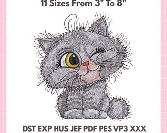Fluffy Cat Embroidery Design File – Digital Download – 11 Sizes DST PES JEF
