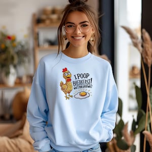 Funny chicken embroidery design on blue sweatshirt mockup I poop breakfast farm animal machine embroidery pattern