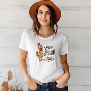 Funny chicken embroidery design on white t shirt mockup I poop breakfast farm animal machine embroidery pattern