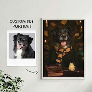 May include: A custom pet portrait featuring a black and white dog in a wizard-themed setting. The dog wears a scarf and cape, with a book labeled "Advanced Barkomancy." The image is framed and displayed next to a polaroid-style photo of the dog.