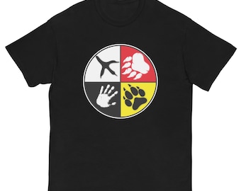 May include: Black t-shirt featuring a circular design divided into four quadrants. The quadrants contain a white handprint, a red bear paw print, a yellow paw print, and a white bird footprint. The design is centered on the shirt.