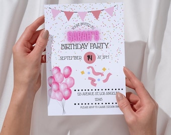 May include: A birthday party invitation held by hands. The invitation features pink balloons, confetti, and text that reads "Sarah's Birthday Party" with the date and time. The invitation also includes the address and RSVP information.