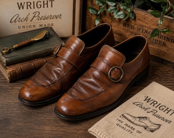 Vintage Wright Arch Preserver Leder-Monk-Strap-Schuhe, Union Made, Braun, Blokecore Heritage Herrenmode