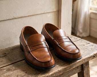 Mocassins Penny pour homme, années 1980, en cuir beige, pointure 9 D, cousus main, style preppy Ivy.