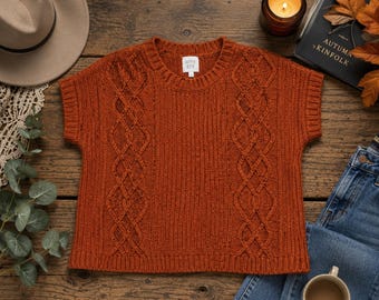 Hippie Rose Burnt Orange Kabelstickad Tröja Medium Boho Mysig Höst Cottagecore Kortärmad Tröja