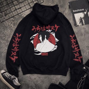 Y2K Naruto Shippuden Sasuke Hoodie Grunge Skater Emo Goth Anime Streetwear Pullover Black Men's Large
