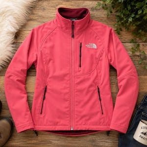 May include: A bright pink The North Face softshell jacket featuring a high collar, a full-length front zipper, two side pockets with black zippers, and a single vertical chest pocket with a black zipper. The interior lining is a dark maroon color.