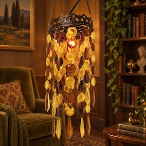 May include: A hanging pendant light fixture featuring a dark metal crown-shaped frame with multiple cascading strands of amber, yellow, and brown faceted glass beads and teardrop-shaped crystals that catch the light from the central bulb.
